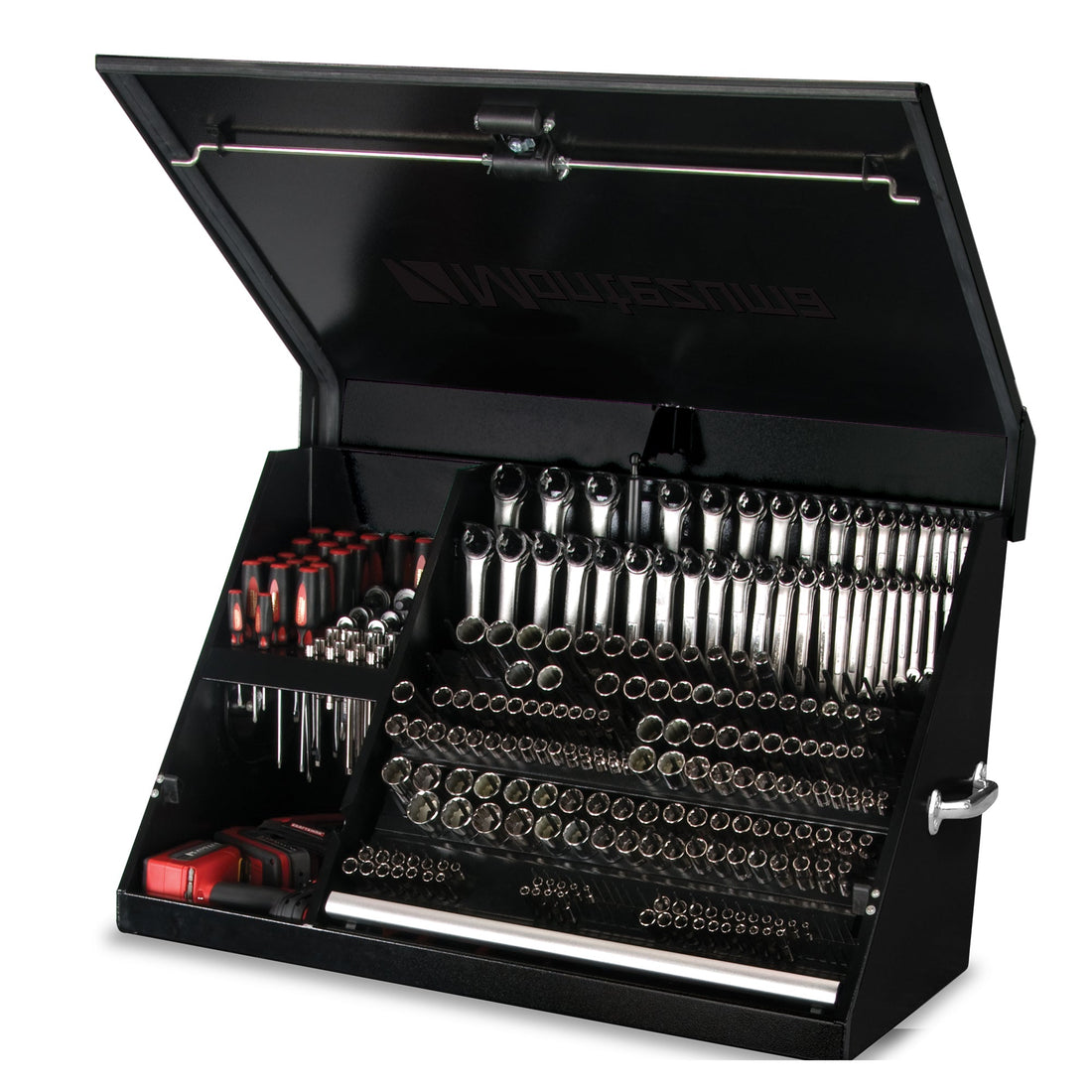 XL450B 36 x 17 steel Triangle Toolbox open with organized tools