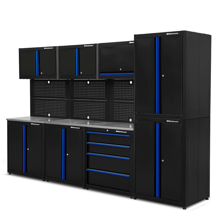 Montezuma modular garage cabinet system with wall, base and stacking cabinets